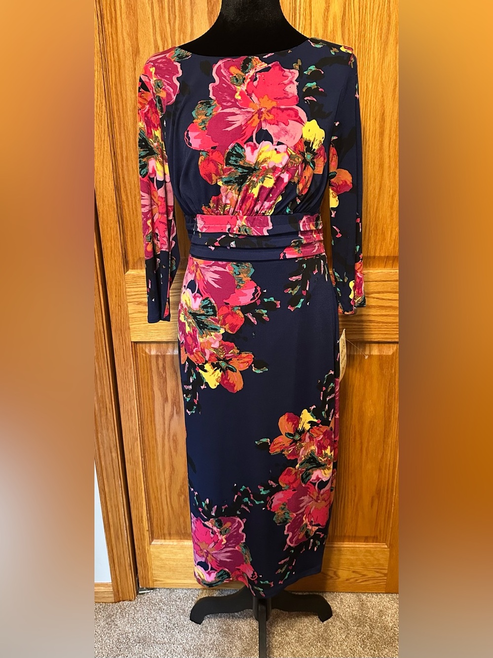 Signature by Sangria Navy Long-Sleeve Floral Sheath Dress